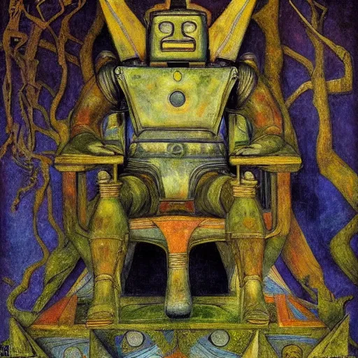 Prompt: the robot on the forest throne, by Annie Swynnerton and Diego Rivera, symbolist, dramatic lighting, elaborate geometric ornament, Art Brut ,god rays, soft cool colors,smooth, sharp focus, extremely detailed, Adolf Wölfli