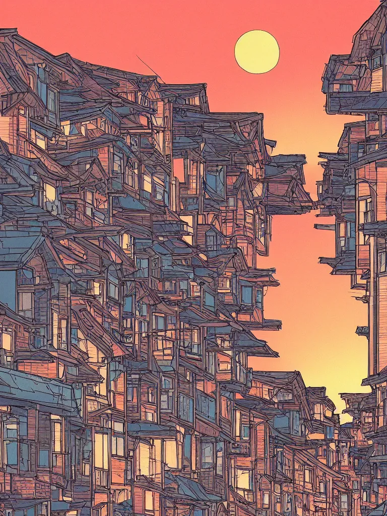 Image similar to a digital art of a close up view of a japanese street of low houses, pedestrians, sunset, beautiful sky and clouds, by laurie greasley, artstation, studio ghibli color scheme