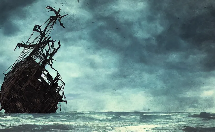 Image similar to “Pirate ship wreck falling from the sky, digital art, cinematic, award winning”