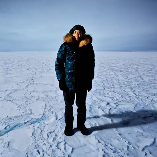 Prompt: portrait of an eskimo standing on ice in the arctic tundra littered with plastics