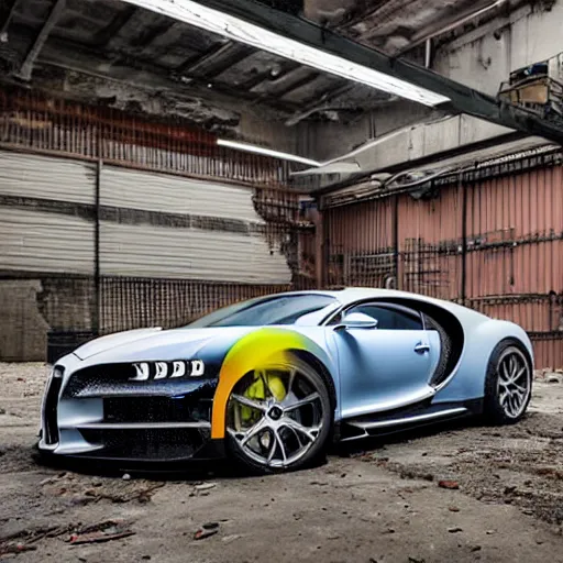 Image similar to an abandoned, derelict, ( really rusty ) bugatti chiron in a dirty warehouse