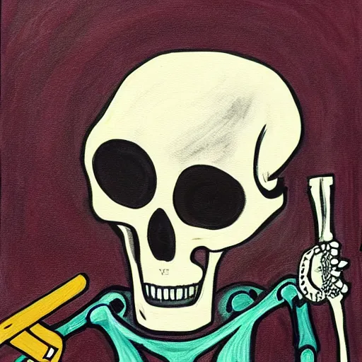 Prompt: A painting of a skeleton with a sword inside the skull by Pendleton Ward