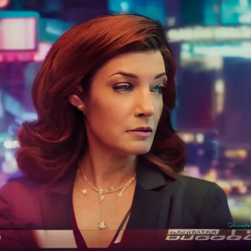 Prompt: cinematic movie still of a fox news anchorwoman in the year 2 0 4 0, dystopian cyberpunk future, by daniella zalcman, directed by lana wachowski, highly detailed, canon eos r 3, f / 1. 4, iso 2 0 0, 1 / 1 6 0 s, 8 k, raw, symmetrical balance