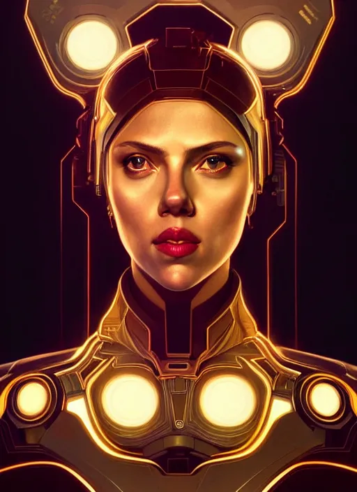 Image similar to symmetry!! portrait of scarlett johansson, gold sci - fi armour, tech wear, glowing lights!! sci - fi, intricate, elegant, highly detailed, digital painting, artstation, concept art, smooth, sharp focus, illustration, art by artgerm and greg rutkowski and alphonse mucha