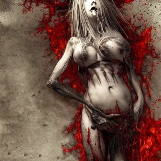 Image similar to A realistic detailed photo of a creepy witch, extra detailed body, crooked legs, blood, exploded belly, red eyes, destroyed body, dead skin, dead trees, detailed body, teeth filled with cavities, foggy landscape, creepy, light particles, detailed light, realistic shaders, trending on artisation, detailed textures, detailed, realistic.