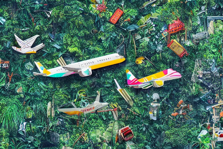 Prompt: bottom up shot of plane dropping smartphones in the jungle by jill charuk, colorful, highly detailed, decollage 4 k