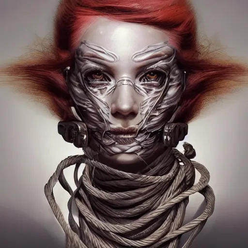 Prompt: portrait of a Shibari rope wrapped face and neck, headshot, insanely nice professional hair style, dramatic hair color, digital painting, of a old 13th century, cyborg traveler, amber jewels, baroque, ornate clothing, scifi, realistic, hyperdetailed, chiaroscuro, concept art, art by Franz Hals and Jon Foster and Ayami Kojima and Amano and Karol Bak,