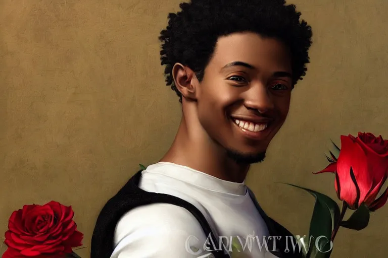 Prompt: young black male smiling with a crown of lilies and roses, digital renaissance painting by artgerm by caravaggio and face by wlop