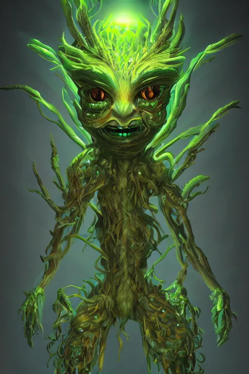 Image similar to a glowing humanoid figure plant monster with large eyes, highly detailed, digital art, sharp focus, trending on art station, plant, anime art style