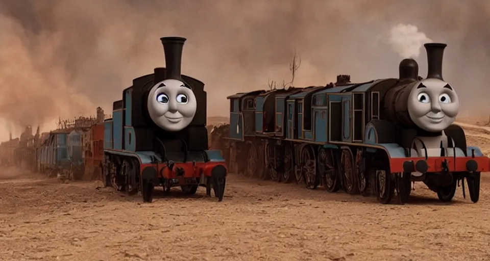 Image similar to Thomas the Tank Engine in the fiery Wasteland of MAD MAX: FURY ROAD