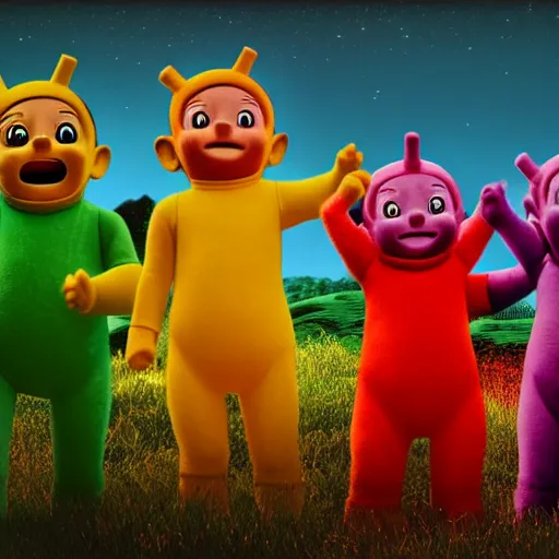 Image similar to A group of 4 Teletubbies, laughing as they make a human sacrifice for their demonic cult in their Teletubby temple. Highly detailed, rendered in unreal engine 5, daguerreotype portrait.