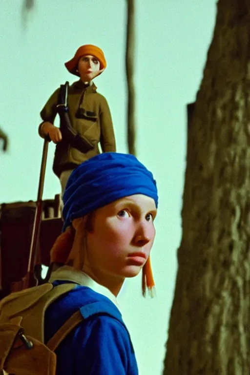 Image similar to beautiful wes anderson movie 3 5 mm film still, only one head single portrait team fortress 2 scout the girl with the pearl earring as the team fortress 2 scout team fortress 2 scout team fortress 2 scout scout team fortress 2 scout, absurdly beautiful, elegant, photographic ultrafine hyperrealistic detailed face wes anderson color, vintage, retro,