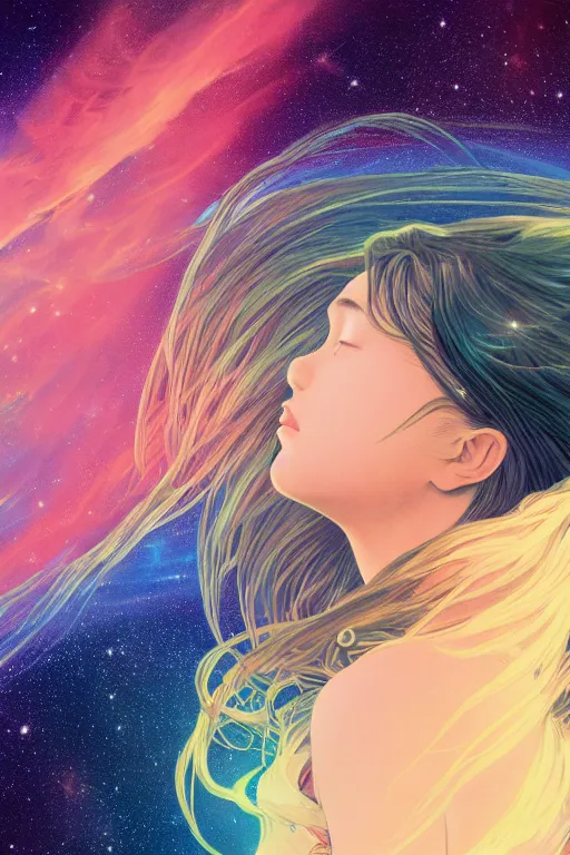 Prompt: portrait of a young astronaut girl, flowing hair, hisashi eguchi, akihito yoshida, yuya nagai, film noir, alphonse mucha, loish, murata range, cinematic, studio lighting, manga, vibrantly colored, dreamy, gradation, space nebula background