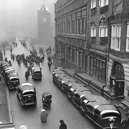 Prompt: 1930s London being invaded by aliens, black and white photograph