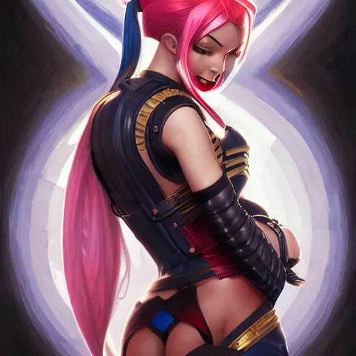 Prompt: mashup jinx from league of legends and harley quinn, intricate, elegant, highly detailed, digital painting, artstation, concept art, smooth, sharp focus, illustration, art by artgerm and greg rutkowski and alphonse mucha