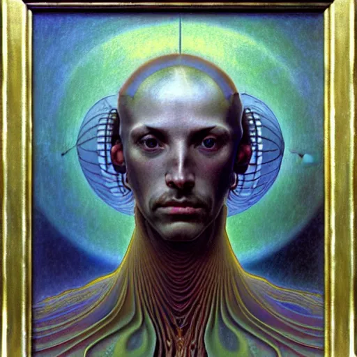 Image similar to realistic extremely detailed portrait painting of an average futuristic man by Jean Delville, Amano, Yves Tanguy, Alphonse Mucha, Ernst Haeckel, Edward Robert Hughes, Roger Dean, rich muted pastel moody colors, gold eyes