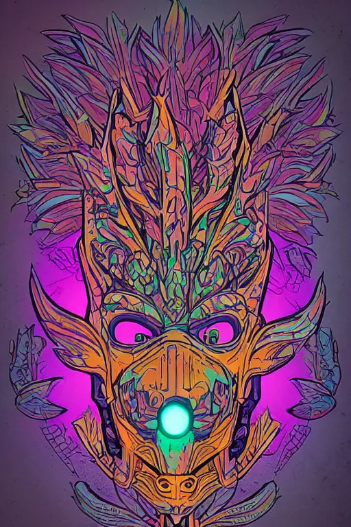 Image similar to animal mask totem roots flower tribal feather gemstone plant wood rock shaman vodoo video game vector cutout illustration vivid multicolor borderlands comics by josan gonzales and dan mumford radiating a glowing aura