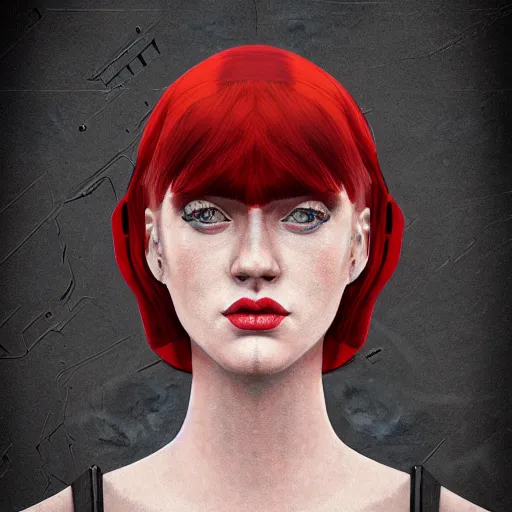 Image similar to a beautiful red haired woman, symmetrical portrait. dieselpunk. 4k hd, digital art, concept art