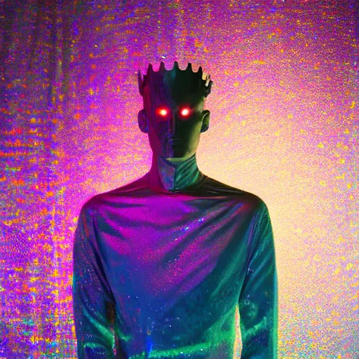 Prompt: a portrait of a beautiful phantom king in a holographic room, photographed by erwing olaf