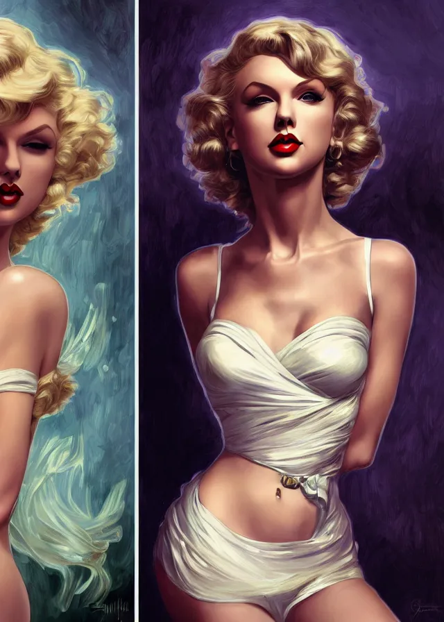 Image similar to ful length centerfold of taylor swift as a young marilyn monroe, elegant, flat lighting, intricate, highly detailed, digital painting, artstation, concept art, smooth, sharp focus, illustration, closeup, misa amane, art by simon bisley and greg rutkowski and alphonse mucha, novel cover