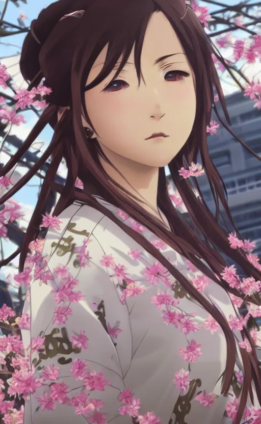 Prompt: anime style, gta 5, panoramic view of girl, centered, yukata clothing, sakura tree in background, brown hair, hair down, symmetrical facial features, from arknights, hyper realistic, extreme detail, volumetric lights, 4 k drawing, safebooru, realistic lighting, by alphonse mucha, greg rutkowski, sharp focus, backlit