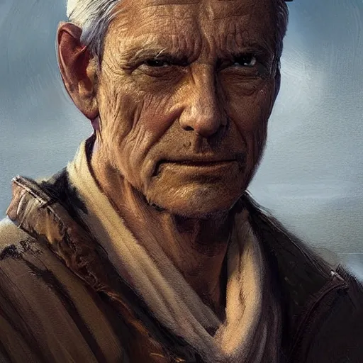 Prompt: portrait of a man by Greg Rutkowski, an old jedi master, brown quiff hair, straight jaw, badass, wearing a flying jacket, he has about 70 years old, Star Wars Expanded Universe, highly detailed portrait, digital painting, artstation, concept art, smooth, sharp foccus ilustration, Artstation HQ