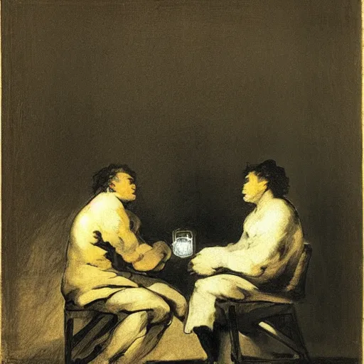 Image similar to two men arguing about neural networks in small room lighted by candles. art by francisco goya - w 1 0 2 4