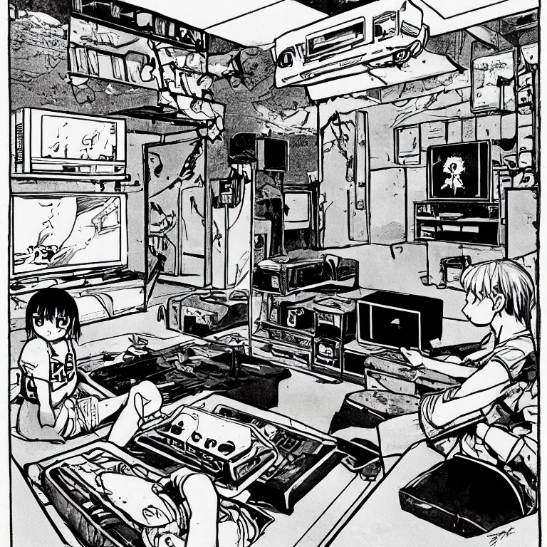 Prompt: manga illustration of teenager playing video games inside creepy 1 9 8 0's living room basement.