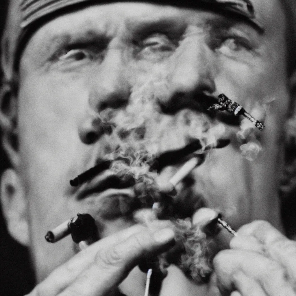 Prompt: a photo of Hitler smoking a big joint, 50mm close up photography, photorealism