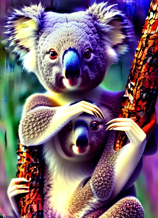 Image similar to a beautiful koala as polished leeloo cosplay, weta disney pixar movie still photo hi - fructose sci fi decadent highly - detailed digital painting mucha loish wlop artgerm, octane render