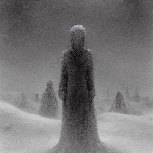 Image similar to a surrealist painting of a lonely woman with white skin and red hair standing over pile of bodies in post apocalyptic snowy landscape, painted by beksinski