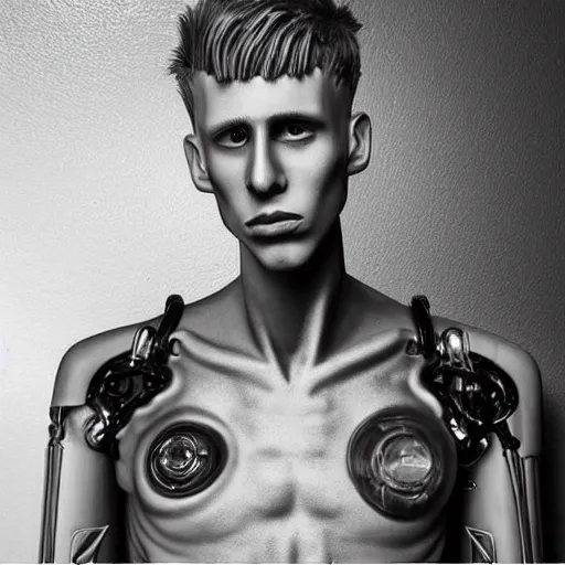 Image similar to “a realistic detailed photo of a guy who is an attractive humanoid who is half robot and half humanoid, who is a male android, rapper Machine Gun Kelly, shiny skin, posing like a statue, blank stare”