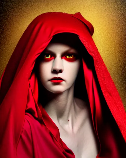 Image similar to hyperrealistic mixed media painting of beautiful little Red Riding Hood, pale smooth skin, full body, crimson red hooded robes, shadowy wolf in background, stunning 3d render inspired art by P. Craig Russell and Barry Windsor-Smith + perfect facial symmetry + dim volumetric lighting, 8k octane beautifully detailed render, post-processing, extremely hyperdetailed, intricate, epic composition, grim yet sparkling atmosphere, cinematic lighting + masterpiece, trending on artstation, very very detailed, masterpiece, stunning