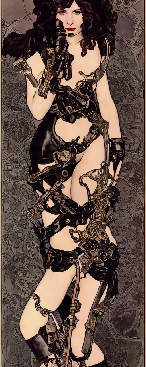 Image similar to striking sensual industrial art nouveau style portrait of kitty pryde as an ironpunk black metal rebel soldier by micgael kaluta, simon bisley and alphonse mucha, photorealism, extremely hyperdetailed, perfect symmetrical facial features, perfect anatomy, ornate declotage, weapon, latex, excited expression, wild eyes