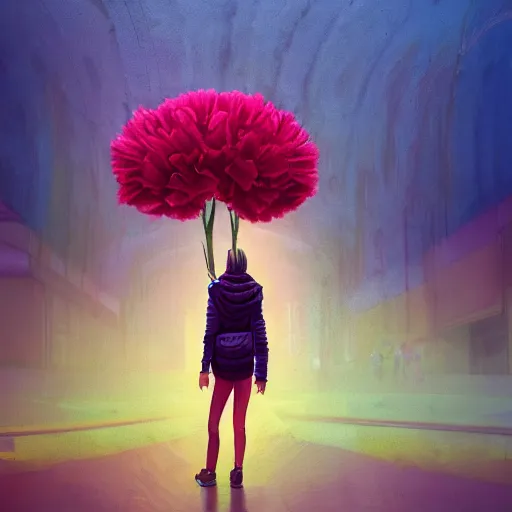 Image similar to giant carnation flower head, woman standing in metro station, surreal photography, dramatic light, impressionist painting, digital painting, artstation, simon stalenhag