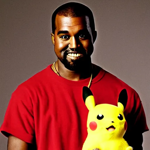 Image similar to kanye west smiling holding pikachu for a 1 9 9 0 s sitcom tv show, studio photograph, portrait c 1 2. 0