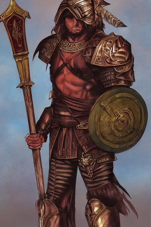 Image similar to wizards of the coast fantasy roman gladiator in armor in the style Larry Elmore