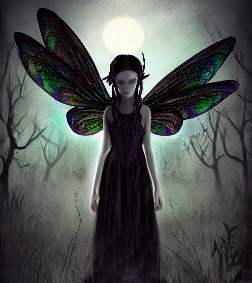 Image similar to gothic fairy with dragonfly wings, digital painting, liminal eerie midnight backlit, a picture taken by Michael Komarck