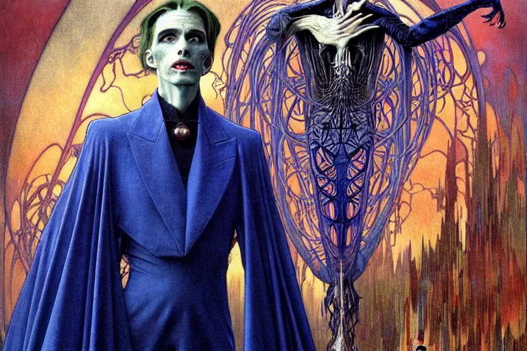 Image similar to realistic extremely detailed portrait painting of an elegantly creepy vampire man in a cape, futuristic sci-fi castle on background by Jean Delville, Amano, Yves Tanguy, Alphonse Mucha, Ernst Haeckel, Edward Robert Hughes, Roger Dean, rich moody colours, blue eyes