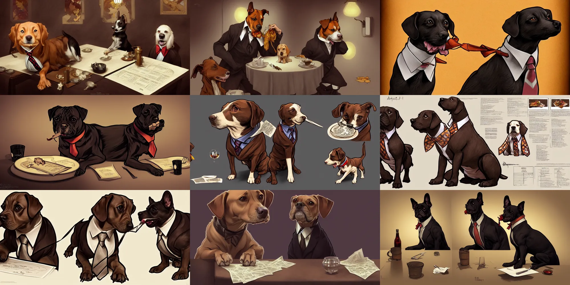 Prompt: dog wearing a tie eating dinner, character sheet, character design, contrast, deep focus, turnaround, highly detailed, dramatic lighting, digital painting, artstation, concept art, matte, sharp focus, illustration, elegant, art by artgerm and greg f and alphonse mucha.