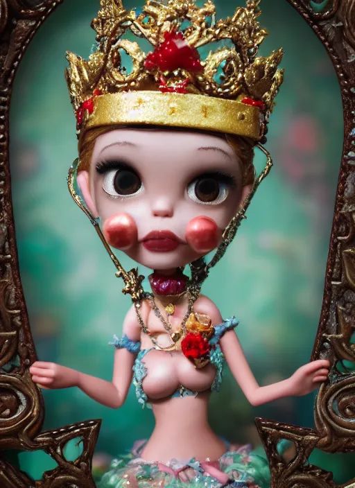 Image similar to closeup face profile portrait of tin toy fairytale princess wearing a crown eating cakes, bikini, depth of field, zeiss lens, detailed, symmetrical, centered, fashion photoshoot, by nicoletta ceccoli, mark ryden, lostfish, breathtaking, 8 k resolution, extremely detailed, beautiful, establishing shot, artistic, hyperrealistic, octane render