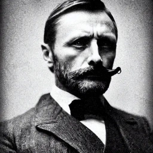 Image similar to headshot edwardian photograph of anthony hopkins, mads mikkelsen, arthur shelby, terrifying, scariest looking man alive, 1 8 9 0 s, london gang member, intimidating, fearsome, realistic face, peaky blinders, 1 9 0 0 s photography, 1 9 1 0 s, grainy, blurry, very faded, victorian, low - quality