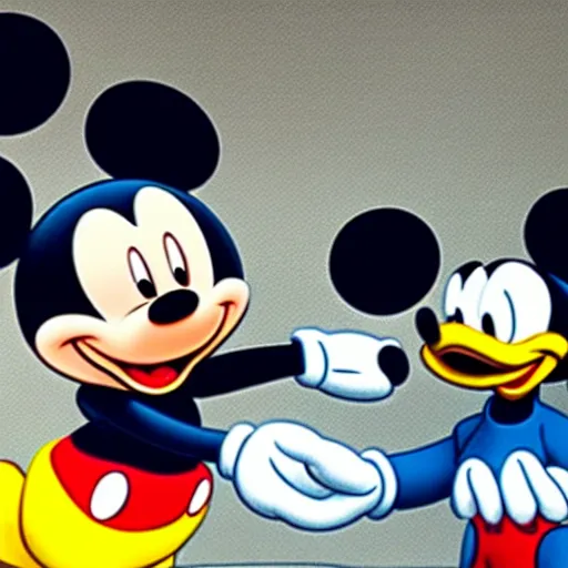 Prompt: Mickey mouse eating a duck while donald duck watches