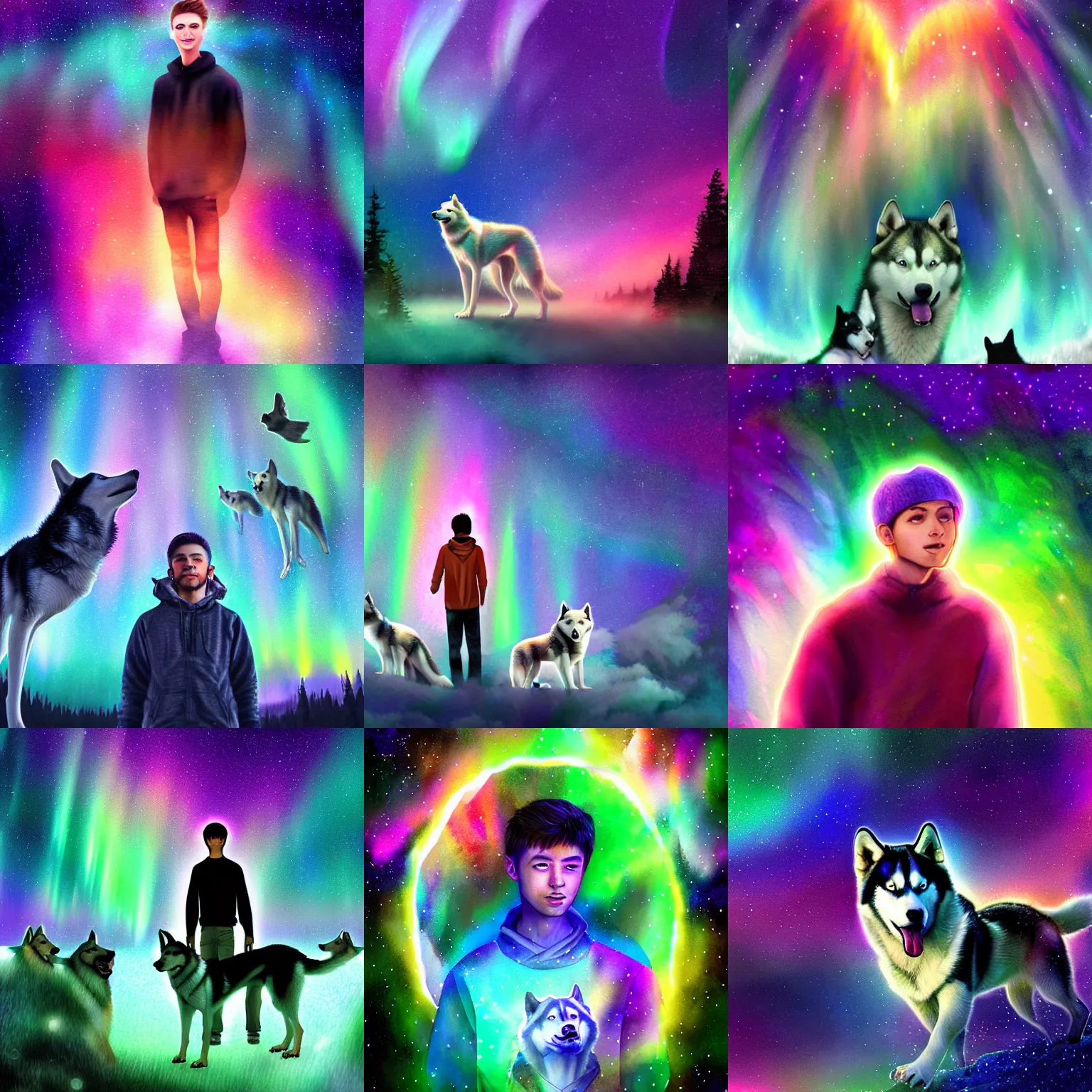 Prompt: young human male surrounded by an aura of emotions with huskies floating above him, rich iridescent colors, digital art, very detailed, watercolor, aurora borealis, 4 k hd