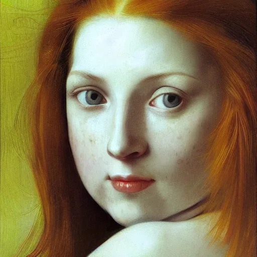 Image similar to portrait of a red haired woman, long hair, green eyes, hint of freckles, beautiful round face, soft amazed smiles, among golden fireflies, highly detailed, deep focus, elegant, digital painting, smooth, sharp focus, golden ratio, dramatic illumination, ultra realistic, 8 k, art by artemisia lomi gentileschi and caravaggio