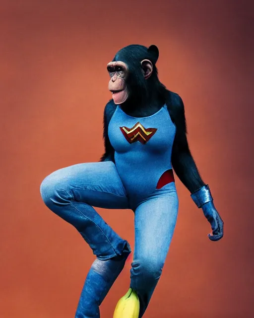 Prompt: a Chimpanzee, dressed as Wonder Woman, wearing tight fit Blue Jean pants, is peeling a ripe banana, photographed in the style of Annie Leibovitz, photorealistic