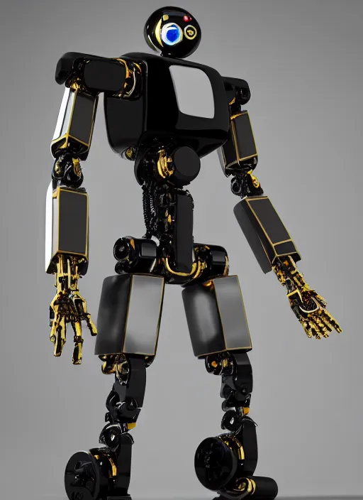 Prompt: a modern cybernetic robot made from gold porcelain and black steel, insane reflexions, pastel colored, daylight, peaceful, 8 k, ambient occlusion, octane render, by chris mastree