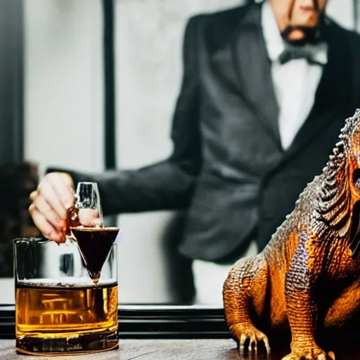 Prompt: A tyrannosaurus Rex with a mustache wearing a 3 piece suite while enjoying a snifter of brandy in front of a fireplace