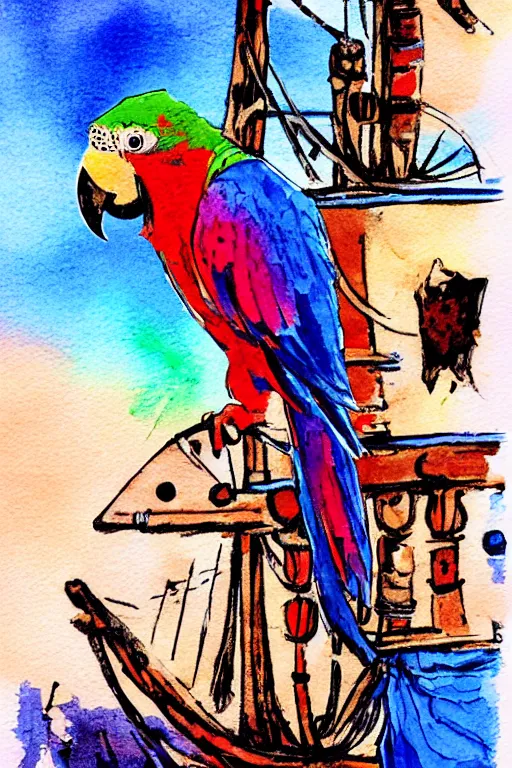 Image similar to a parrot on a pirate ship, abstract, vintage, artistic, sharp focus, masterpiece, watercolor, art in the style of joshy sly