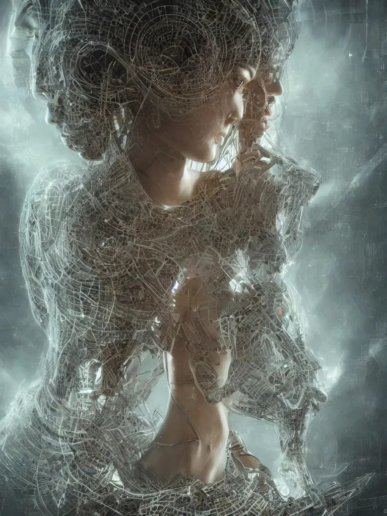 Image similar to a photo of a robotic woman covered in modular synthesizer parts surrounded by sacred geometry made from elven architecture, full body, perfect face, powerful, cinematic, beautifully lit, by bastien lecouffe - deharme, by karol bak, 3 d, octane render, 8 k